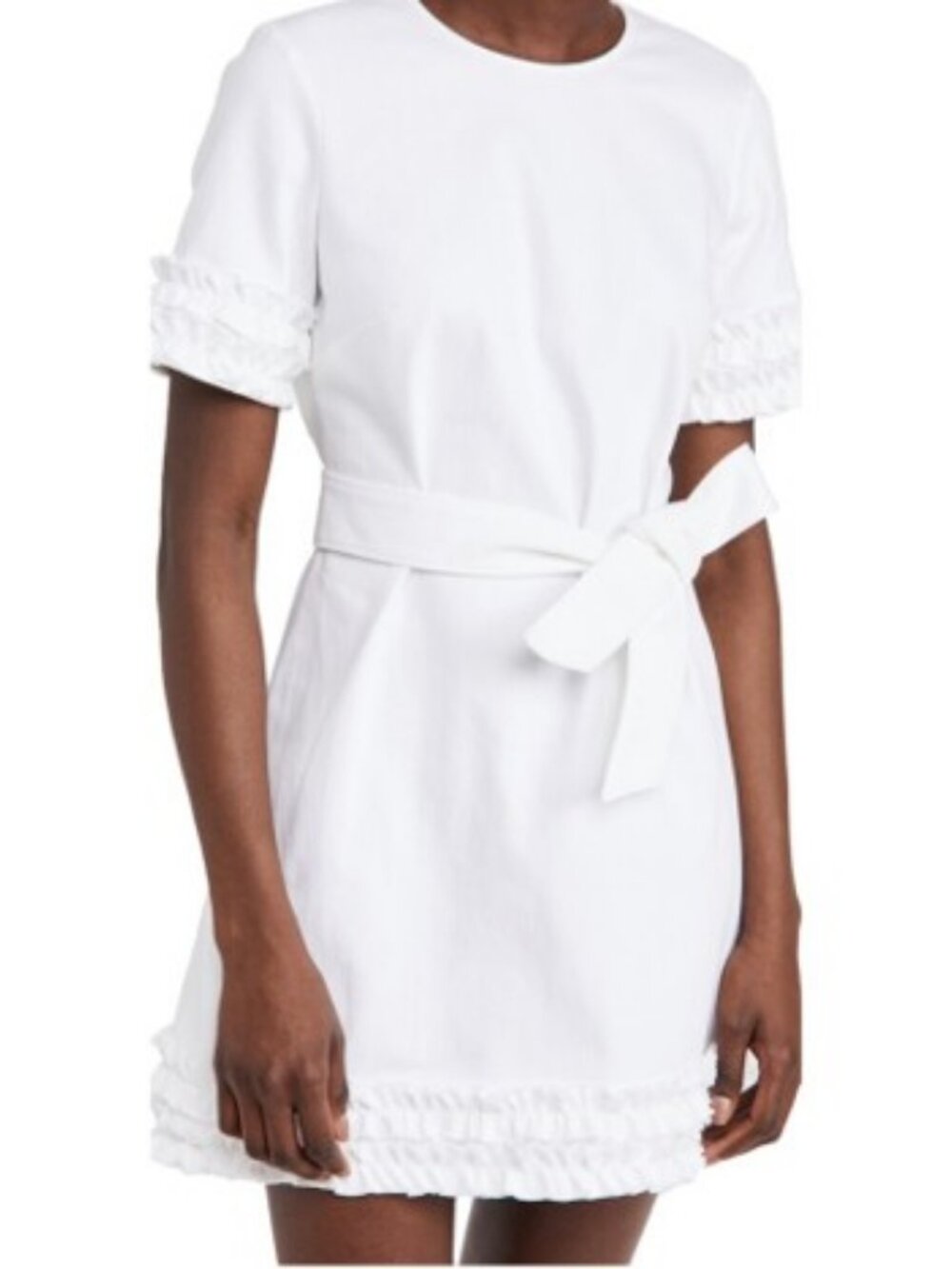 Cinq à Sept Easton Shift Dress Tie-Waist White Denim Ruffled Sleeves and Hem 8